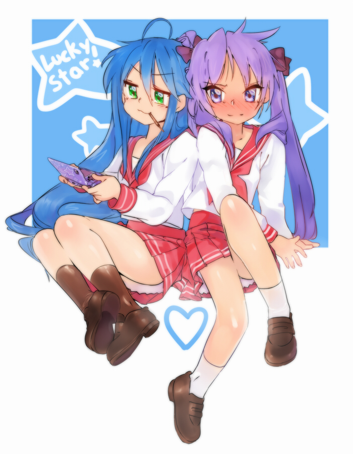 2girls, blush, brown_footwear, food, game_console, girutea, green_eyes, heart