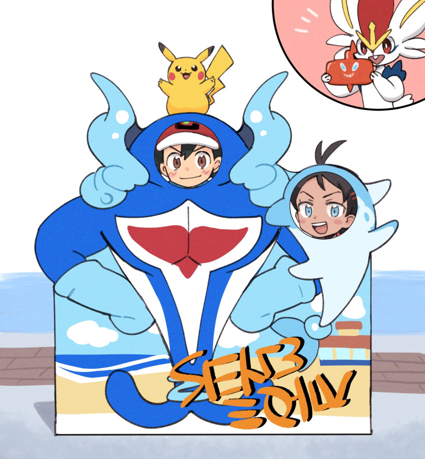 2boys, :d, antenna_hair, ash_ketchum, black_hair, blue_eyes, blush_stickers, brown_eyes