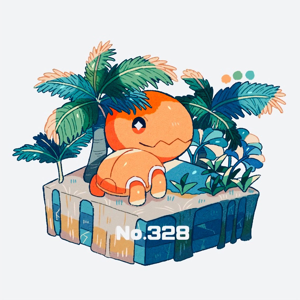 closed_mouth, color_guide, commentary_request, faux_figurine, looking_at_viewer, looking_back, no_humans, palm_tree