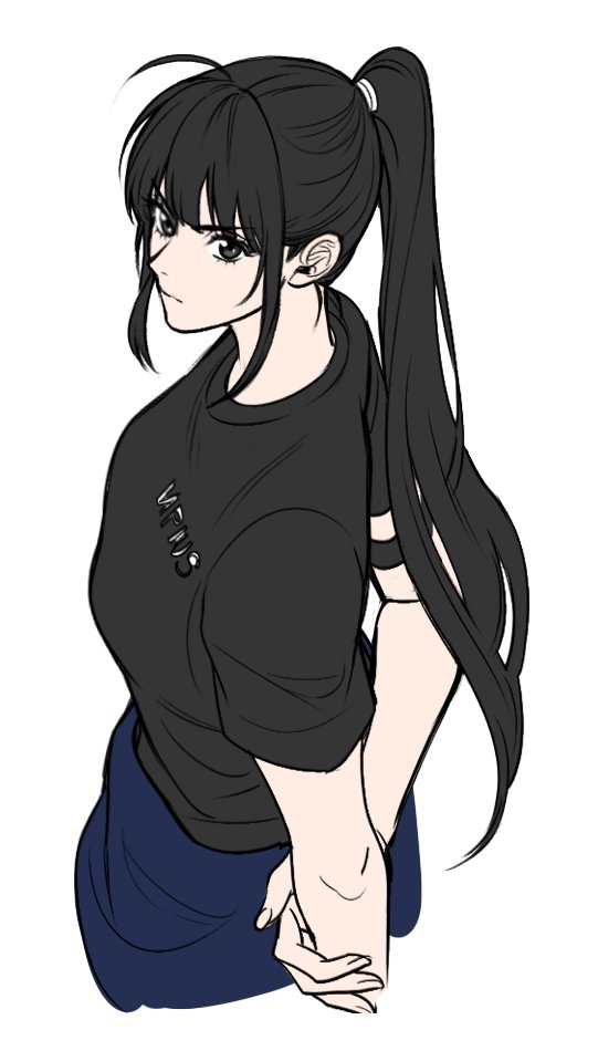 1girl, baek_ae-young, black_eyes, black_hair, black_shirt, breasts, closed_mouth, commentary_request