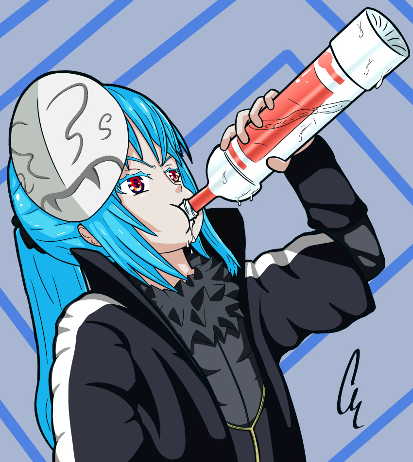 absurdres, alcohol, blue_hair, bottle, chugging, condensation, drink, drinking, dripping, fur_scarf, hair_ribbon, highres, holding, holding_drink, mask, monster_boy, non-web_source, ponytail, red_eyes, ribbon, rimuru_tempest, rimuru_tempest_(slime), simple_background, slime_(creature), slime_(substance), slime_boy, straight_hair, tensei_shitara_slime_datta_ken, vodka
