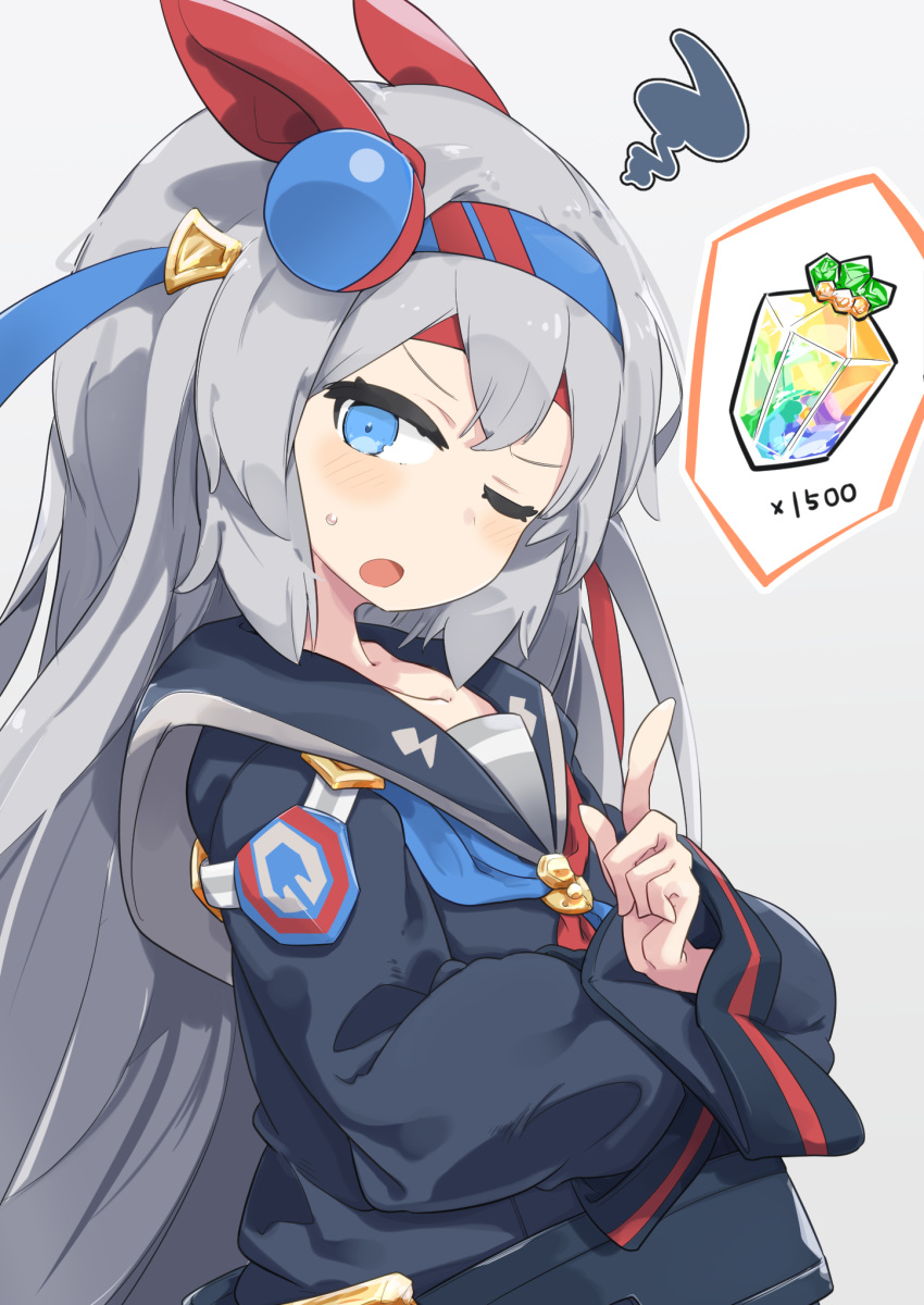 1girl, :o, animal_ears, blue_eyes, blush, closed_eyes, commentary_request, crossed_arms