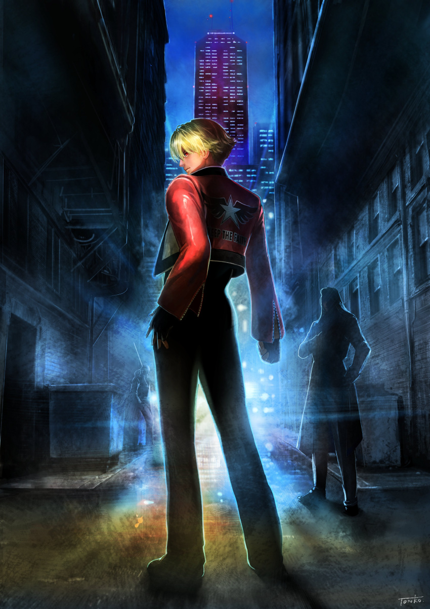 3boys, absurdres, alley, billy_kane, blonde_hair, cityscape, clenched_hand, cropped_jacket