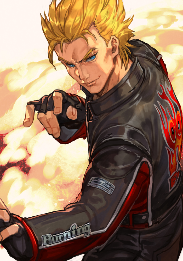 1boy, black_gloves, blonde_hair, blue_eyes, cowboy_shot, fingerless_gloves, fire, gloves