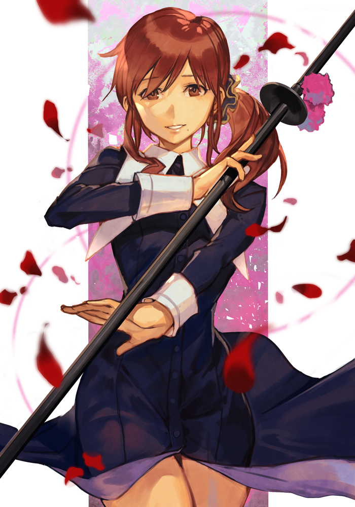 1girl, black_dress, brown_eyes, brown_hair, dress, habit, hair_ornament, hair_scrunchie