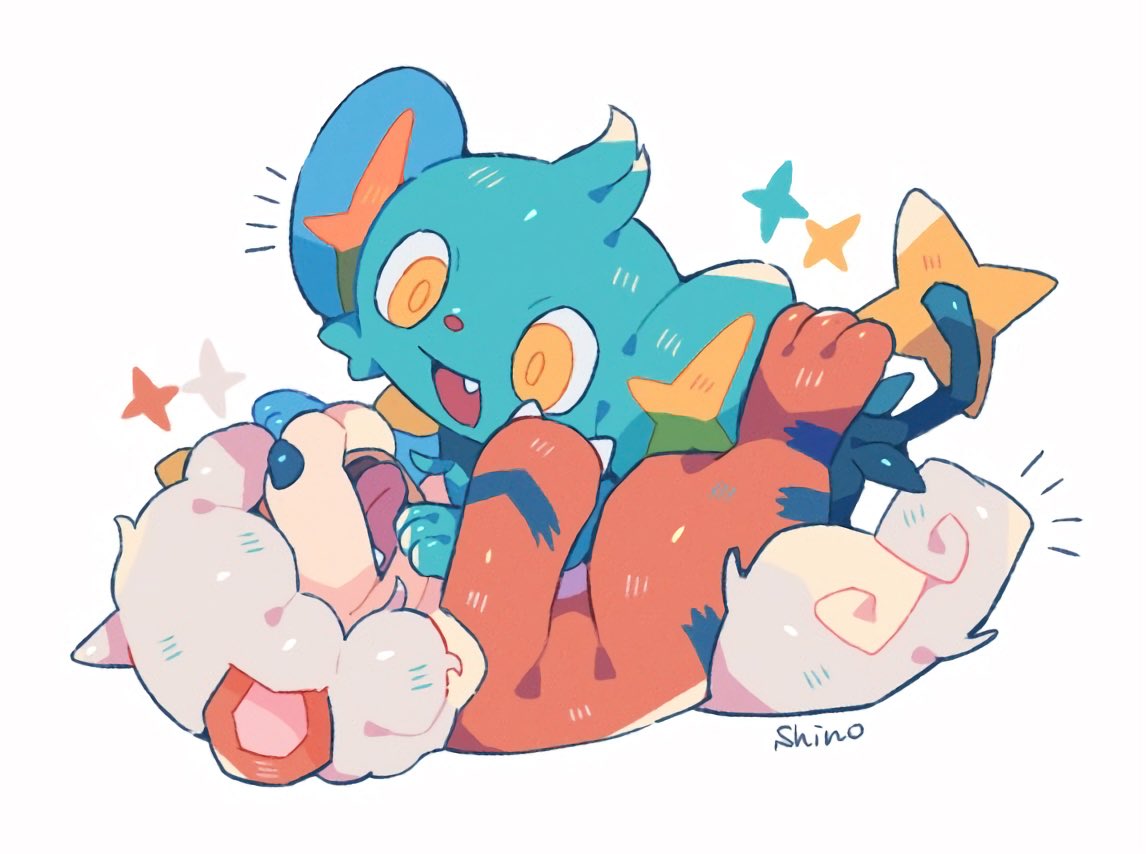 :d, artist_name, claws, commentary_request, fang, hisuian_growlithe, looking_at_another, lying, no_humans, notice_lines, on_back, open_mouth, pokemon, pokemon_(creature), shino_(shinoru_p), shinx, simple_background, smile, tongue, tongue_out, white_background, yellow_eyes