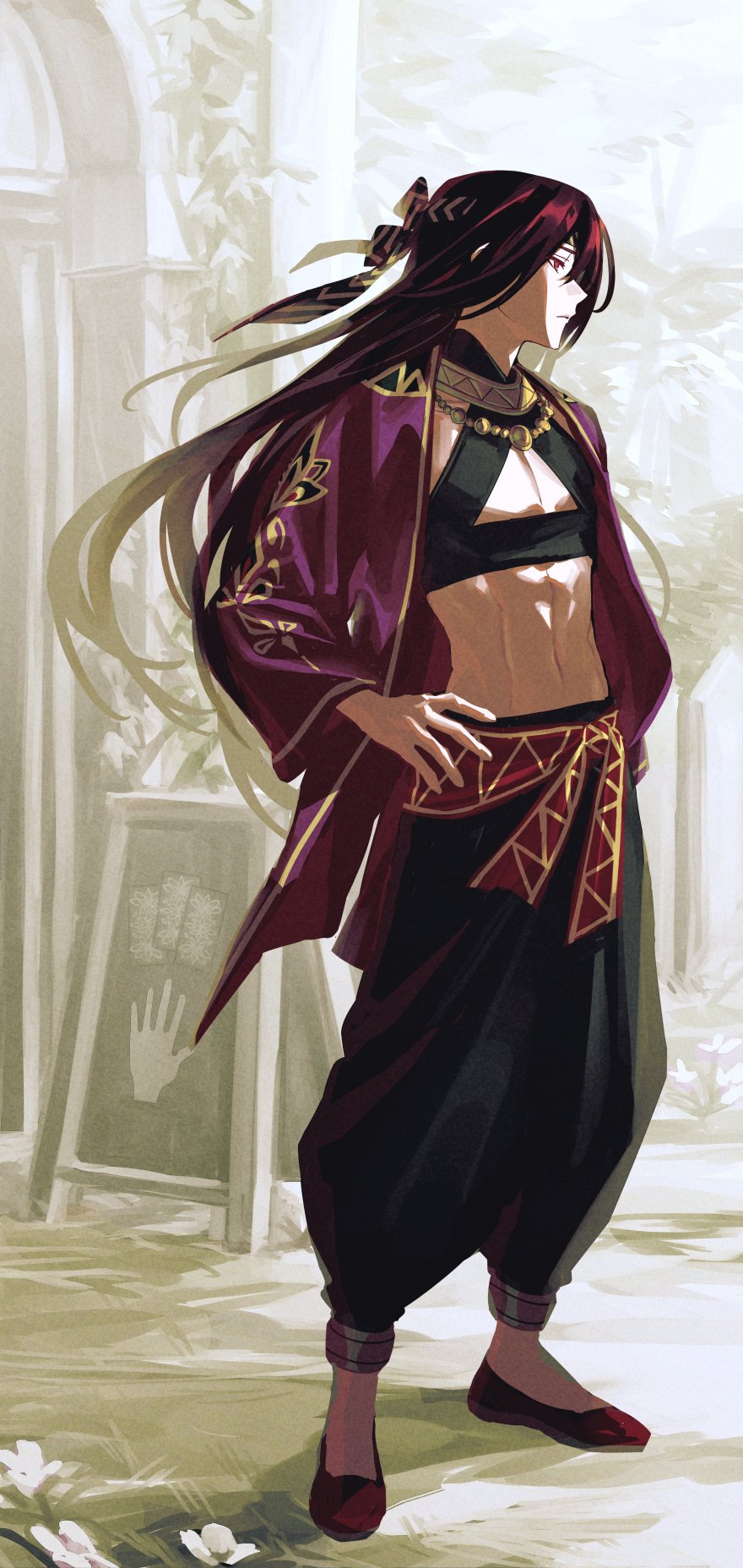 1boy, black_hair, closed_mouth, crop_top, dancer, fire_emblem, fire_emblem_engage, full_body, hand_on_own_hip, highres, jewelry, long_hair, long_sleeves, looking_to_the_side, male_focus, midriff, navel, red_eyes, seadall_(fire_emblem), shoes, solo, standing, stomach, yama_ym0000