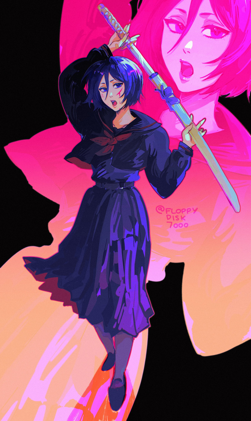 1girl, absurdres, black_hair, bleach, floppydisk7000, highres, holding, holding_sword