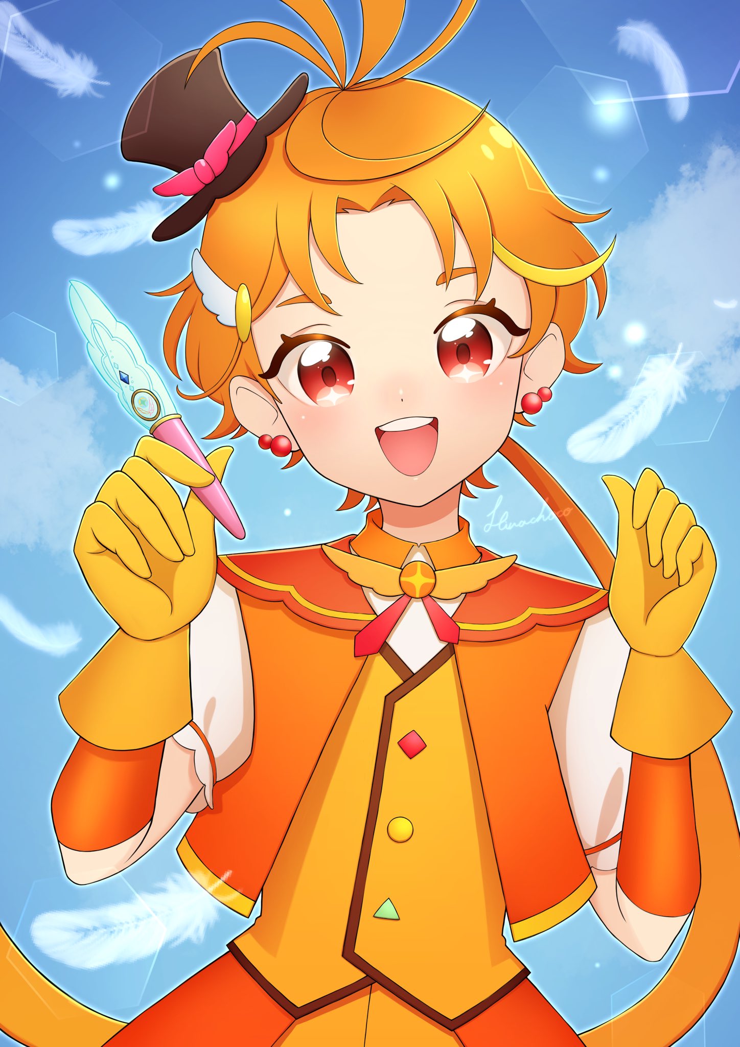 1boy, blonde_hair, blush, brooch, butterfly_earrings, cure_wing, earrings, feathers, gloves, hat, highres, hinachoco_milk, hirogaru_sky!_precure, jewelry, long_hair, looking_at_viewer, magical_boy, male_focus, mini_hat, mini_top_hat, open_mouth, orange_hair, otoko_no_ko, parted_bangs, ponytail, precure, red_eyes, sky_mirage, smile, top_hat, wing_brooch, wing_hair_ornament, yellow_gloves, yuunagi_tsubasa