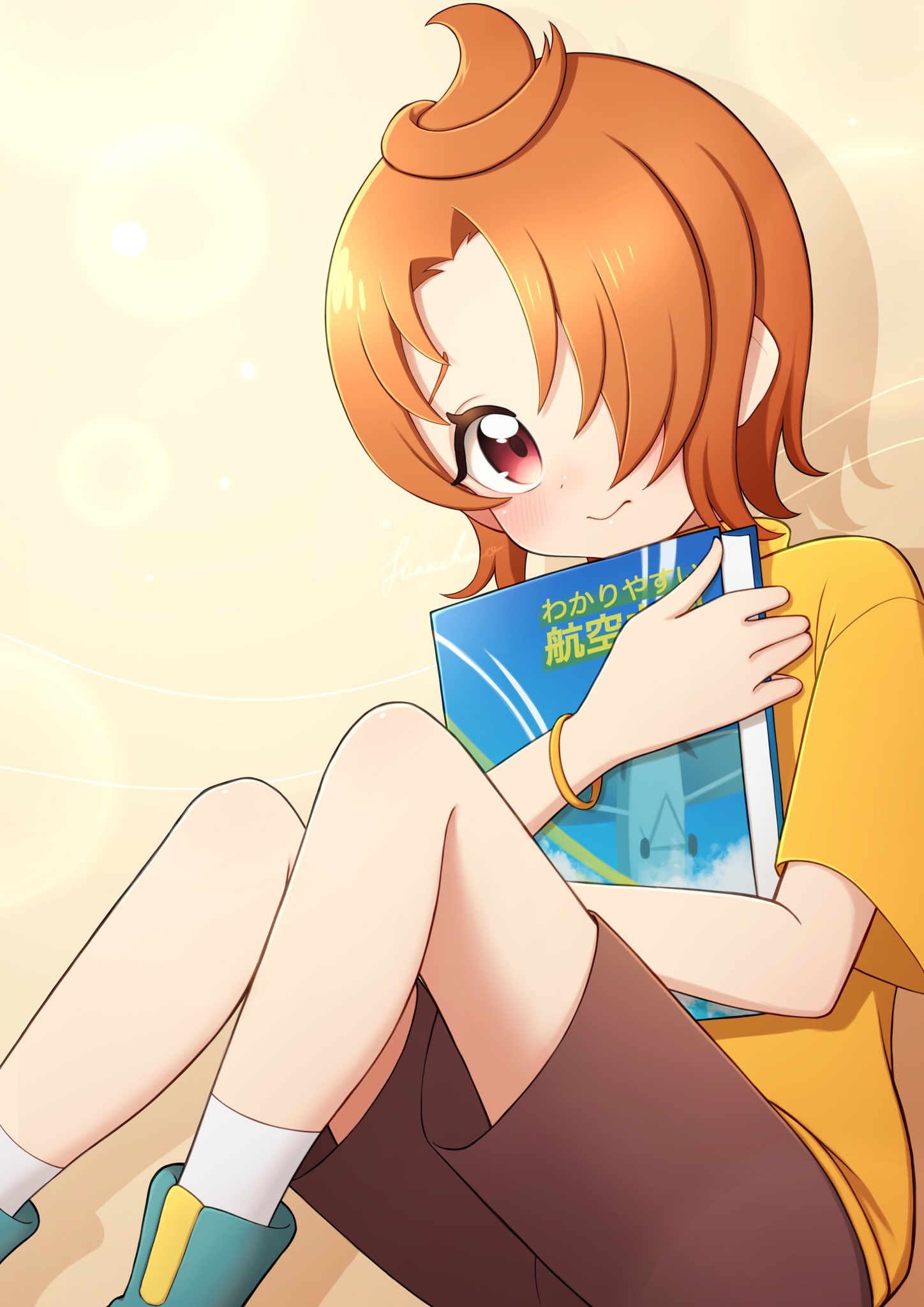 1boy, blush, book, bracelet, brown_shorts, hair_over_one_eye, highres, hinachoco_milk