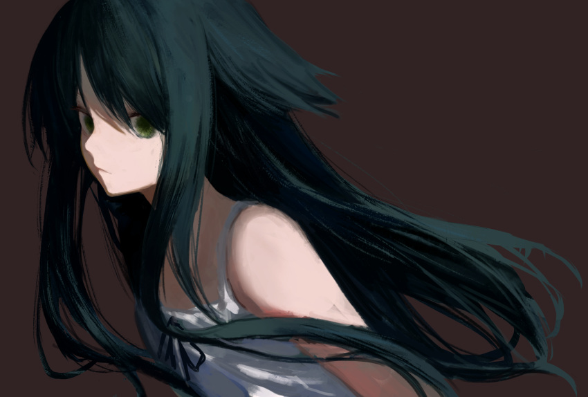 1girl, arms_behind_back, bare_shoulders, black_hair, black_ribbon, brown_background, closed_mouth, commentary