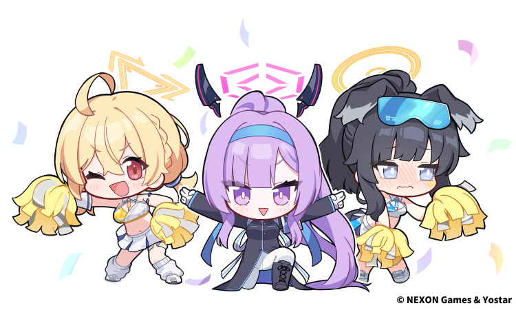 3girls, :d, ;d, animal_ears, black_hair, blonde_hair, blue_archive, blue_eyes