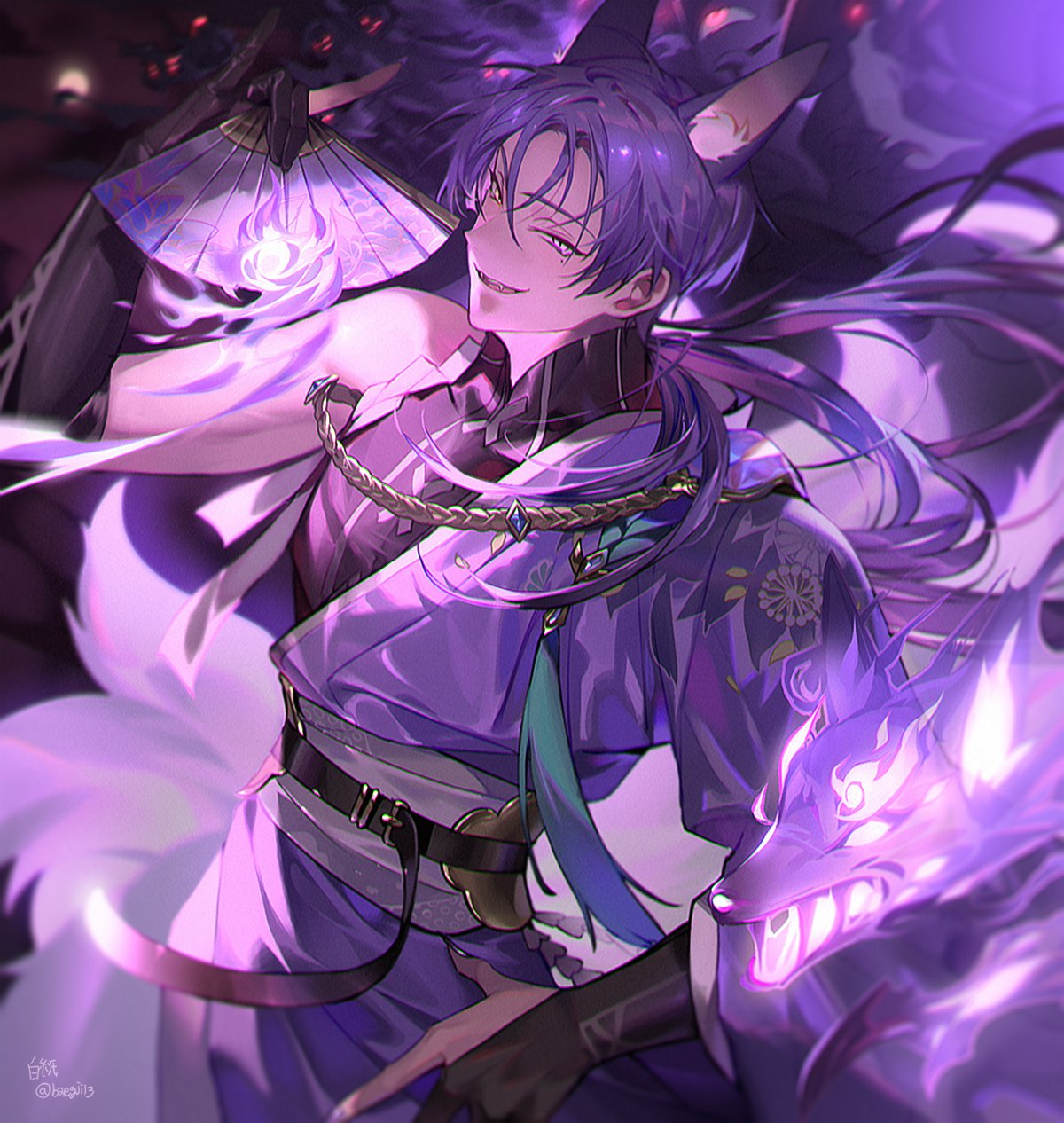 1boy, animal_ears, asymmetrical_sleeves, baegji13, bishounen, black_gloves, fangs, fingerless_gloves