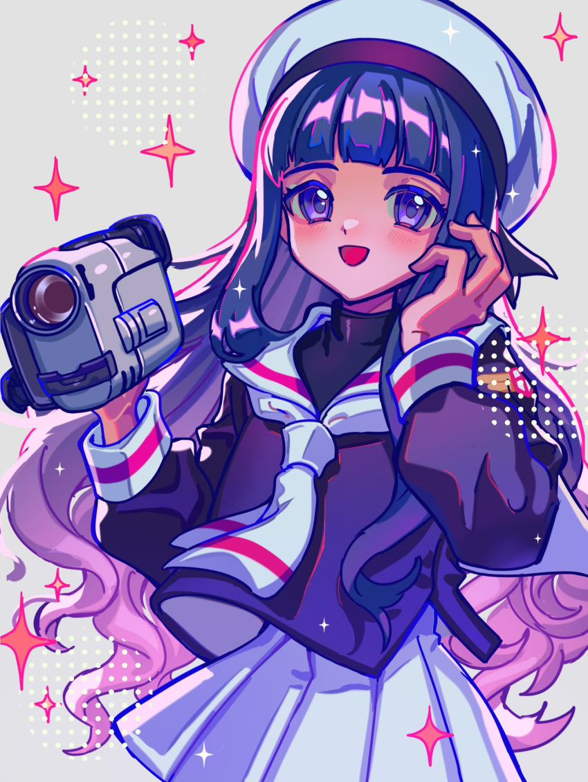 1girl, blue_jacket, blush, camera, cardcaptor_sakura, daidouji_tomoyo, grey_background, haru4aki