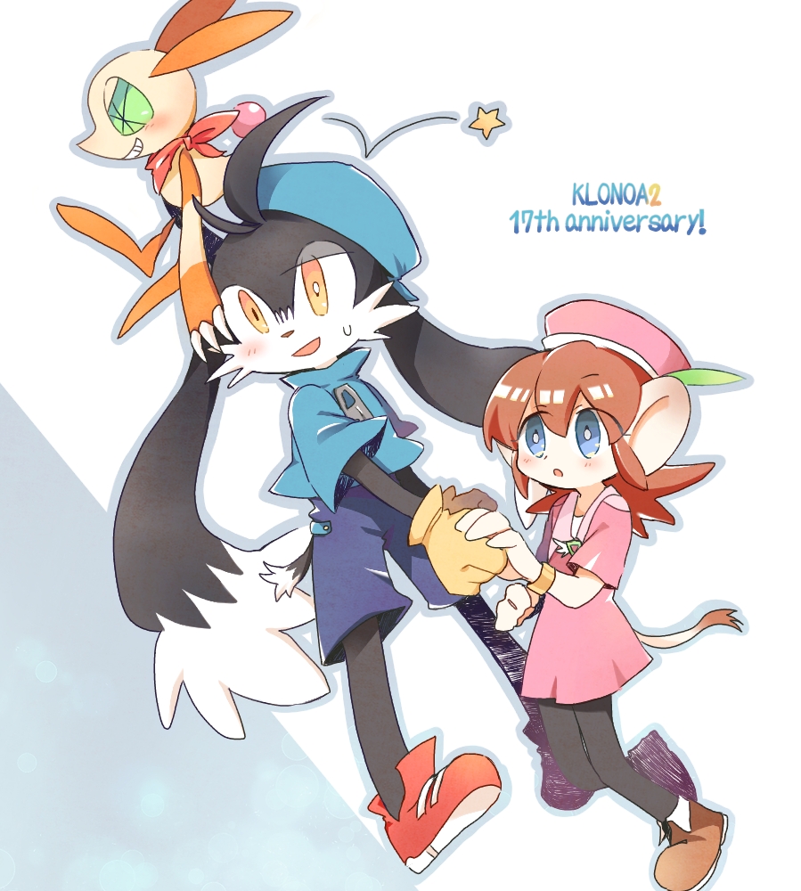 1girl, 2boys, animal_ears, blue_eyes, blue_headwear, blue_shorts, blush, brown_hair, furry, furry_female, furry_male, gloves, holding_hands, kaze_no_klonoa, klonoa, lolo_(klonoa), monkey_ears, monkey_tail, multiple_boys, no_01, pink_headwear, popka, red_footwear, shorts, sitting, tail, white_background, yellow_eyes, yellow_gloves