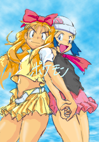 back-to-back, crossdressinging, hat, hikari_(pokemon), holding_hands, lion_(macross_frontier), masatoshi, oekaki