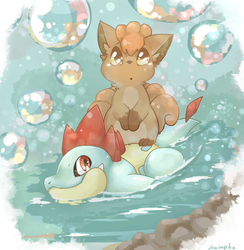 artist_name, bubble, croconaw, haineko_05, highres, no_humans, pokemon, pokemon_(creature), pokemon_on_back, swimming, vulpix, water, watermark