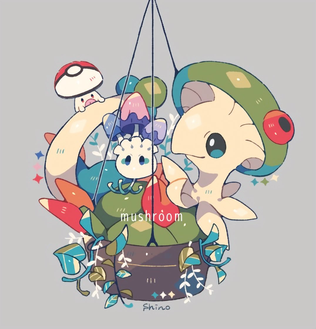 artist_name, breloom, closed_mouth, color_guide, commentary, foongus, grey_background, hanging_plant, leaf, looking_at_another, looking_back, morelull, no_humans, plant, pokemon, pokemon_(creature), pokemon_on_tail, shino_(shinoru_p), simple_background, smile, solid_oval_eyes, symbol-only_commentary, vines