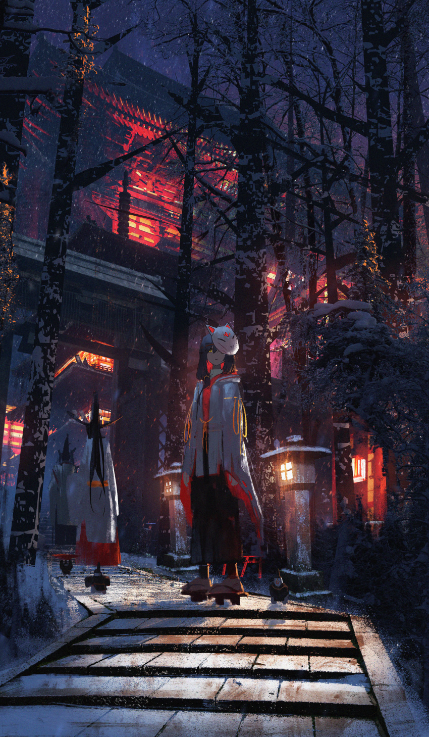 1girl, 2others, absurdres, architecture, asteroid_ill, black_hakama, building, closed_mouth