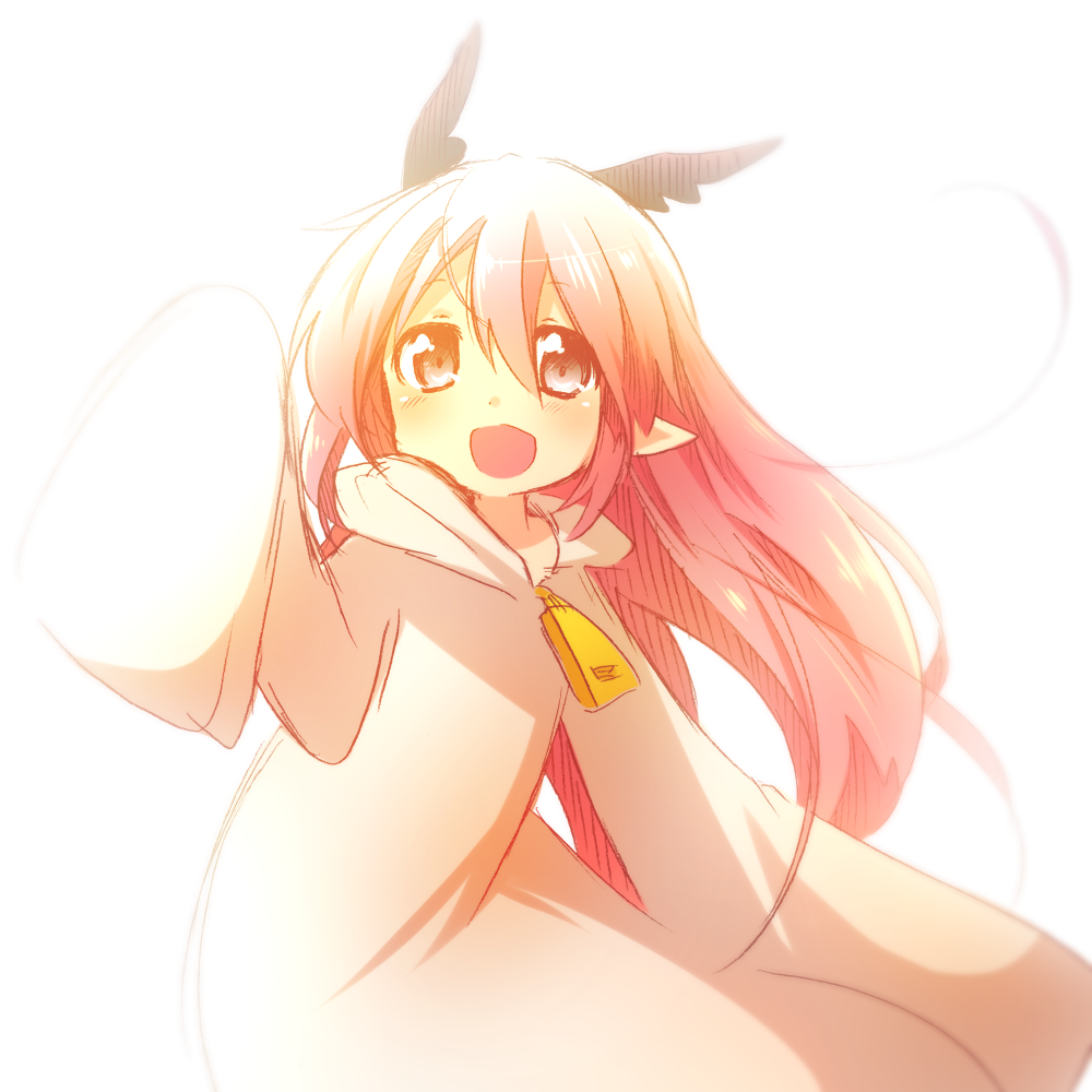 1girl, aka_muffler_yamato, blush, head_wings, long_hair, long_sleeves, open_mouth, pink_hair