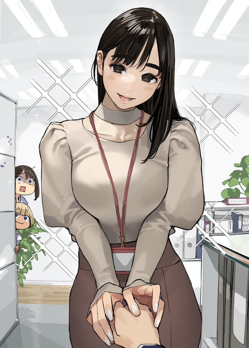 1boy, 3girls, blonde_hair, blush, brown_eyes, brown_hair, brown_skirt, commentary_request