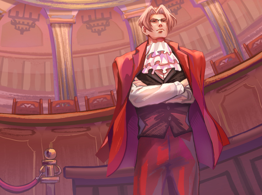 1boy, ace_attorney, ascot, black_vest, chair, courtroom, crossed_arms, formal, glasses, grey_hair, highres, indoors, jacket, jacket_on_shoulders, kmiyako, male_focus, miles_edgeworth, pants, red_jacket, red_pants, short_hair, solo, standing, vest, white_ascot