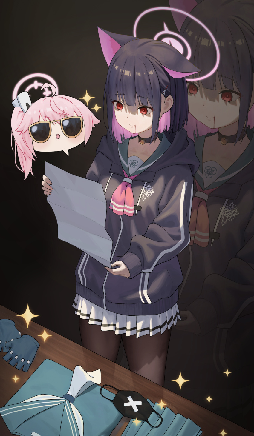 absurdres, ahoge, animal_ears, black_choker, black_hair, black_hoodie, black_pantyhose, blood