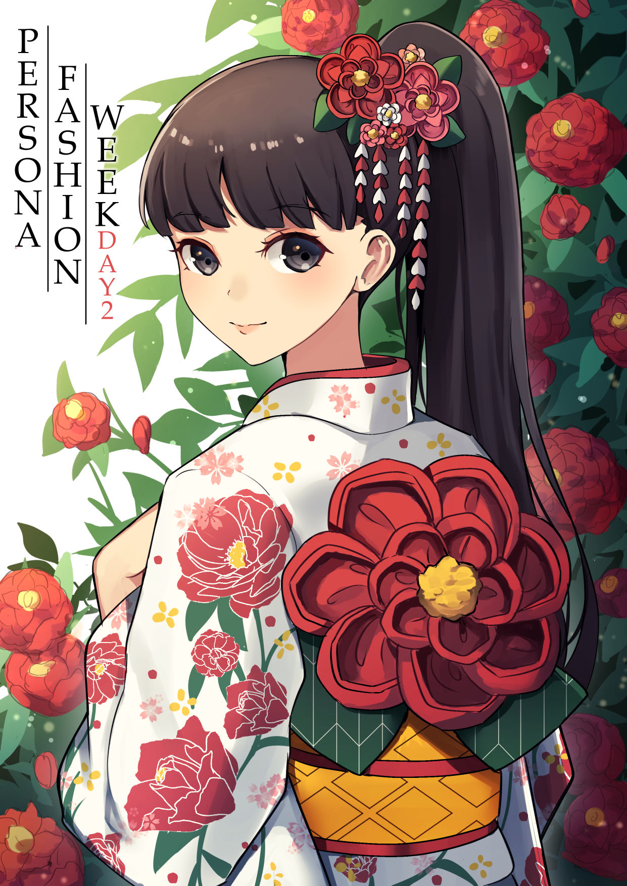 1girl, amagi_yukiko, black_eyes, black_hair, blush, cherry_blossom_print, closed_mouth, commentary