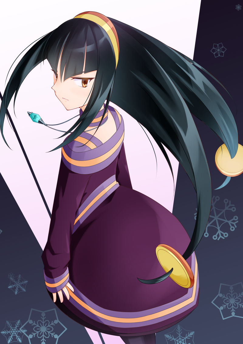 1girl, black_hair, closed_mouth, dress, from_behind, hair_ornament, hairband, jewelry, long_hair, long_sleeves, looking_back, mega_man_(series), mega_man_star_force, mega_man_star_force_3, necklace, orange_eyes, pendant, purple_dress, queen_tia_(mega_man), shizuki_airu, sidelocks, sleeves_past_wrists, solo, upper_body