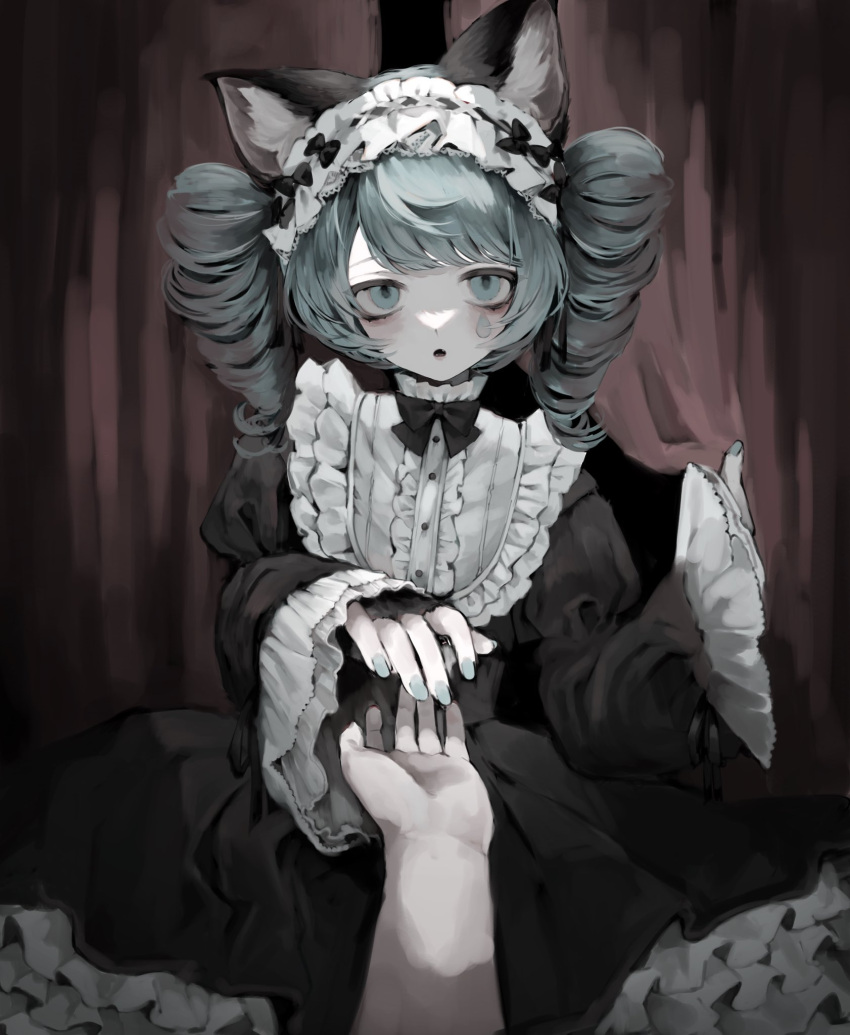 1girl, animal_ears, aqua_eyes, aqua_hair, aqua_nails, black_bow, black_bowtie, bow, bowtie, cat_ears, dress, drill_hair, frilled_dress, frilled_sleeves, frills, gothic_lolita, highres, lolita_fashion, long_sleeves, looking_at_viewer, manuka_x_x, medium_hair, out_of_frame, parted_lips, pov, pov_hands, red_curtains, sleeves_past_wrists, solo_focus, teardrop_facial_mark, twin_drills, valis_(sinsekai), vitte_(valis), white_headdress