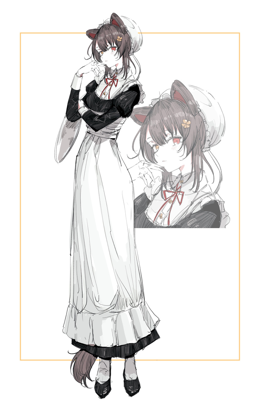 1girl, :3, absurdres, alternate_costume, animal_ears, apron, arm_up, black_dress