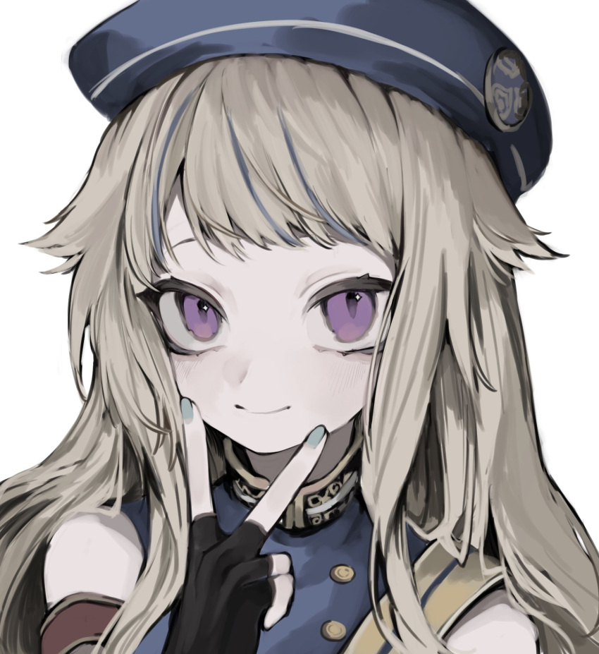1girl, black_gloves, blonde_hair, blue_hair, blue_headwear, blue_nails, closed_mouth, fingerless_gloves