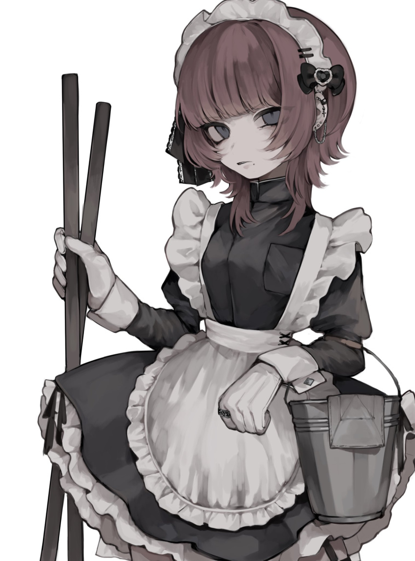 1girl, apron, black_bow, black_ribbon, bow, breast_pocket, bucket, chain_earrings