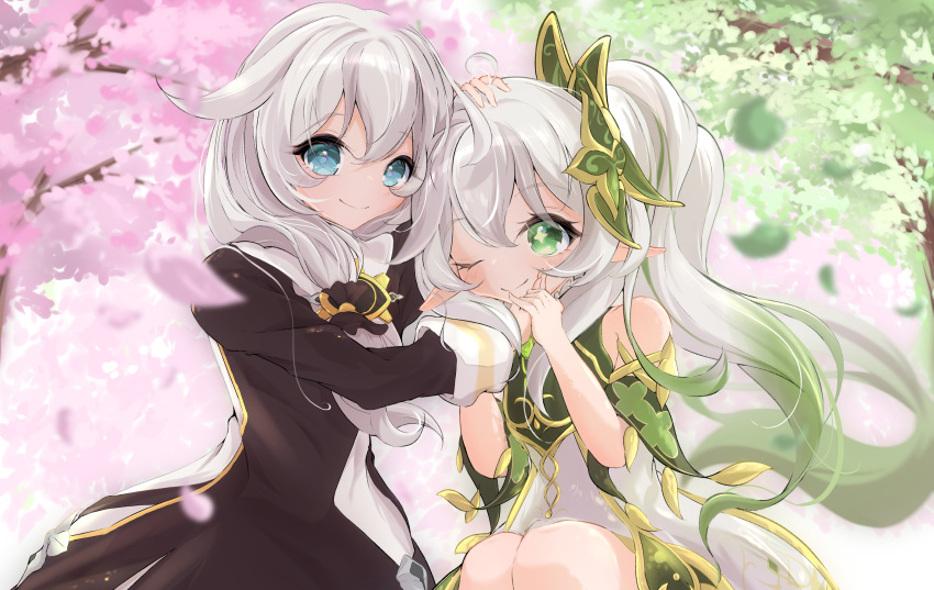 2girls, absurdres, bare_shoulders, black_dress, blue_eyes, cherry_blossoms, closed_mouth, company_connection