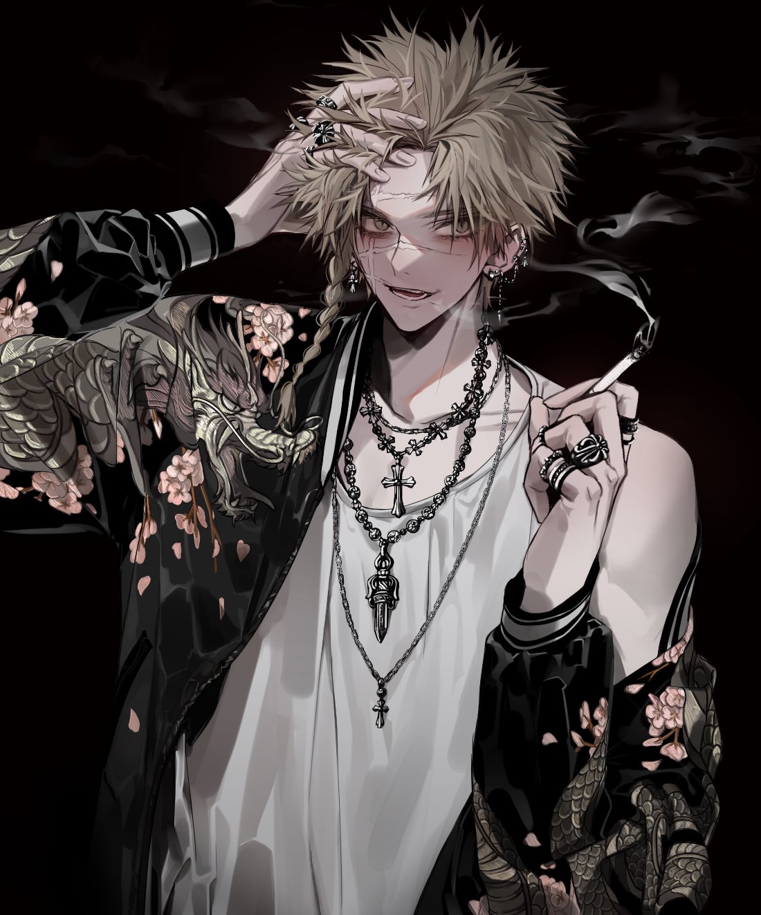 1boy, aza_choubei, black_background, blonde_hair, braid, cigarette, cross, cross_necklace, cross_scar, dark_background, dragon, earrings, eastern_dragon, hand_in_own_hair, highres, holding, holding_cigarette, jewelry, jigokuraku, looking_at_viewer, mono1010101, multiple_earrings, multiple_necklaces, multiple_rings, necklace, off_shoulder, open_mouth, ring, scar, scar_across_eye, short_hair, side_braid, simple_background, smile, smoke, smoking, solo, spiky_hair, tank_top, white_tank_top