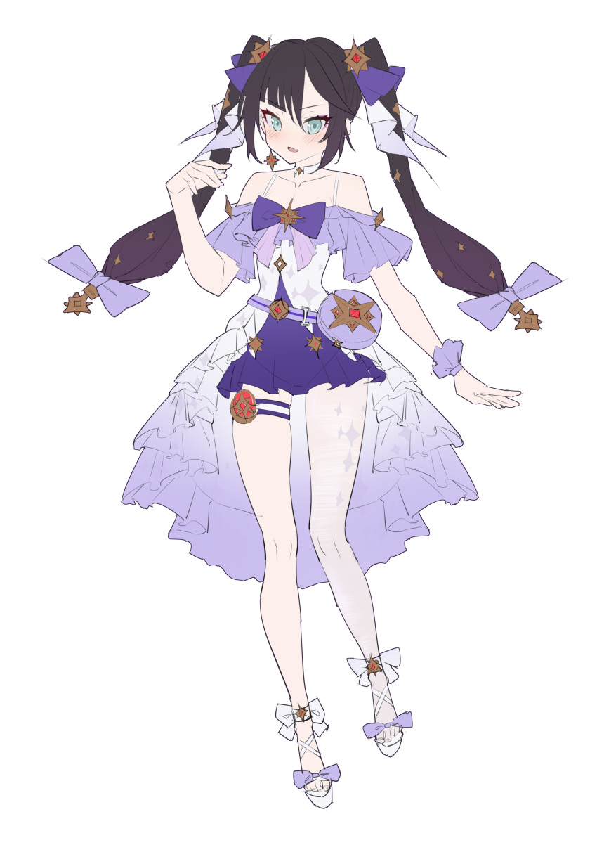 1girl, absurdres, bare_shoulders, black_hair, bow, breasts, choker, detached_sleeves, dress, earrings, genshin_impact, gold_trim, green_eyes, high_heels, highres, jewelry, lijiahao5103, long_hair, mona_(genshin_impact), open_mouth, pantyhose, purple_bow, purple_dress, ribbon, simple_background, single_leg_pantyhose, small_breasts, smile, solo, sparkle_print, star_(symbol), star_earrings, twintails, white_dress, white_pantyhose