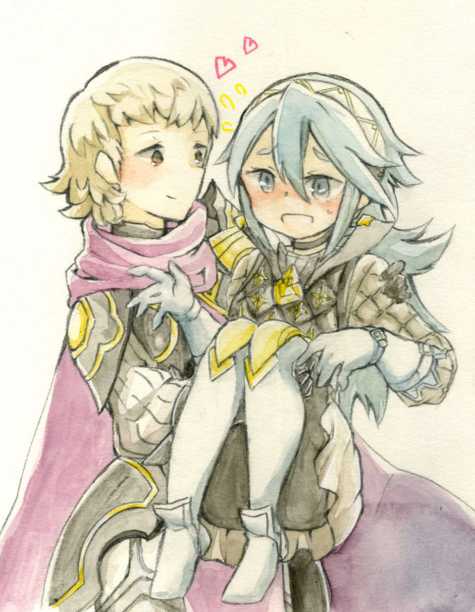 1boy, 1girl, 7mmnote, blonde_hair, blue_hair, blush, carrying, couple