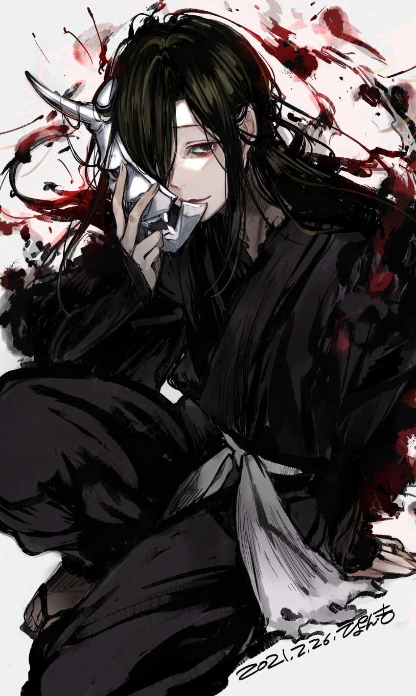 1other, absurdres, aura, black_hair, black_robe, broken_mask, dark_aura, dated, hair_over_one_eye, highres, holding, holding_mask, jigokuraku, long_hair, looking_at_viewer, mask, oni_mask, pyon-kichi, robe, shija, simple_background, solo, white_background