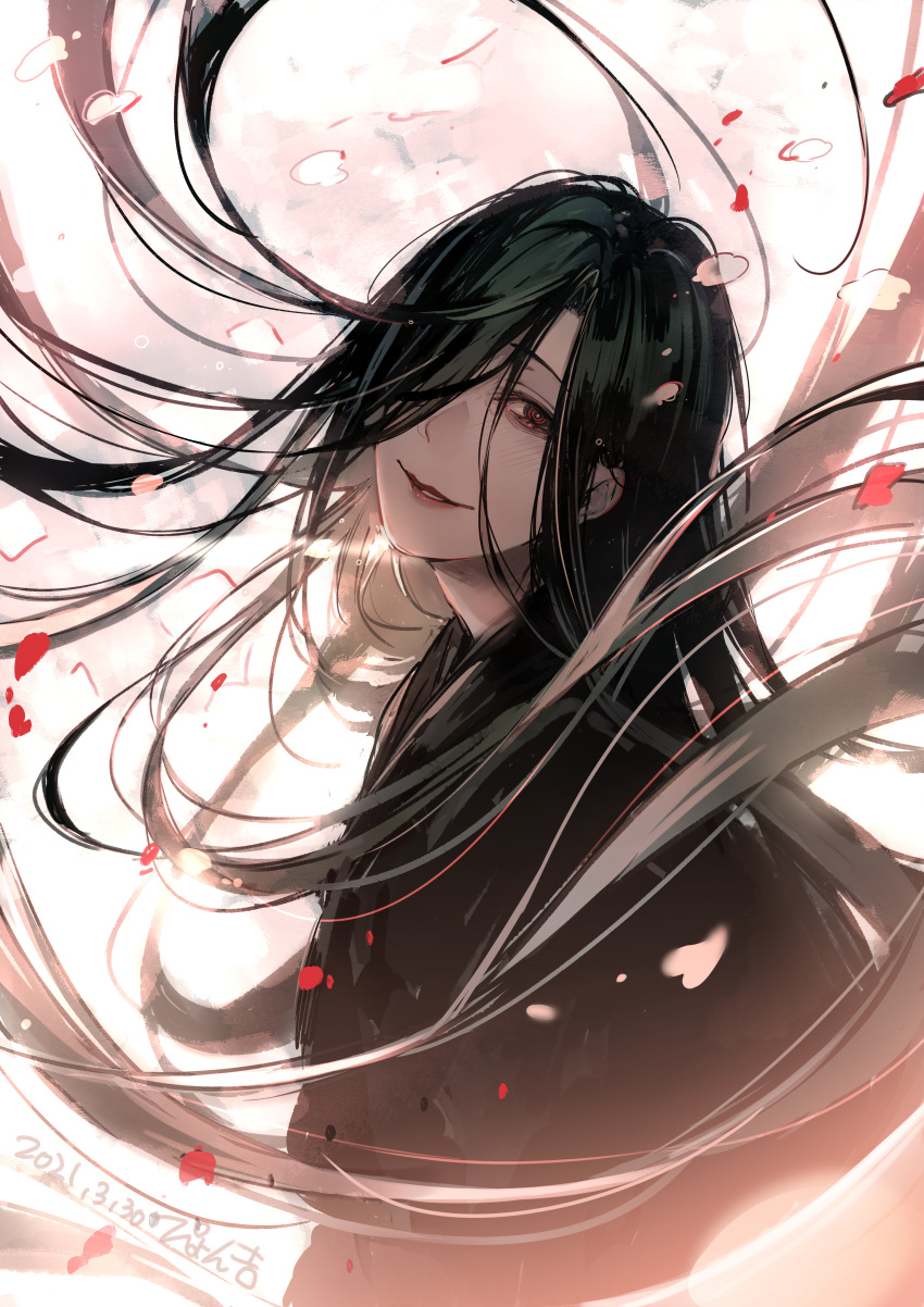 1other, absurdres, black_hair, black_robe, dated, falling_petals, floating_hair, hair_over_one_eye