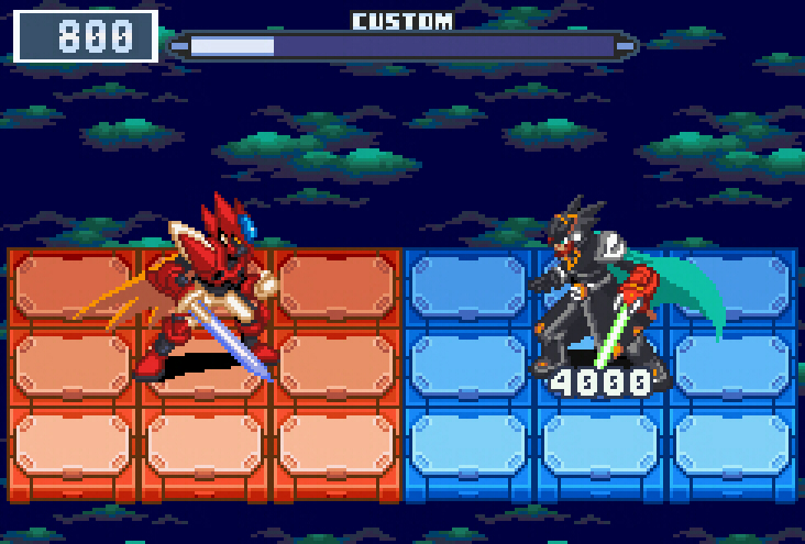 2boys, blonde_hair, cape, clouds, cloudy_sky, colonel.exe_(mega_man), commentary_request, covered_mouth, english_text, fake_screenshot, fighting_stance, health_bar, helmet, long_hair, male_focus, mega_man_(series), mega_man_battle_network_6, mega_man_network_transmission, multiple_boys, n.jehuty, pixel_art, sky, spiky_hair, sword, weapon, zero.exe_(mega_man)