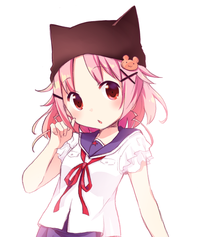 1girl, animal_hat, beanie, bear_hair_ornament, blush, cat_hat, gakkou_gurashi!, hair_ornament