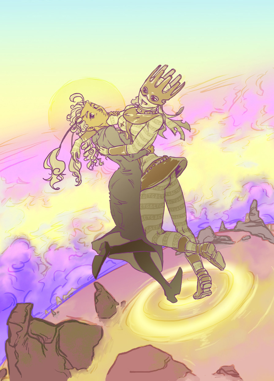 2girls, adhemas, ass, cassock, clouds, crown, dark-skinned_female, dark_skin, enrico_pucci, genderswap, genderswap_(mtf), highres, jojo_no_kimyou_na_bouken, long_hair, miniskirt, multiple_girls, sandals, skirt, smoke, standing, standing_on_one_leg, stone_ocean, twintails, white_hair, whitesnake_(stand)