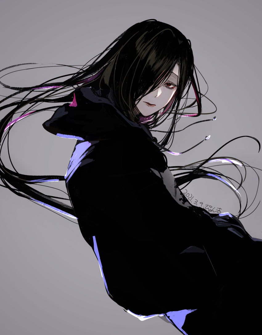 1other, absurdres, black_hoodie, dated, floating_hair, grey_background, hair_over_one_eye, hands_in_pockets, highres, hood, hoodie, jigokuraku, long_hair, looking_at_viewer, pyon-kichi, shija, sideways_glance, simple_background, solo, very_long_hair