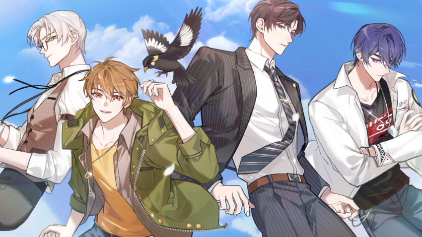 4boys, artem_wing_(tears_of_themis), belt, black_jacket, black_necktie, black_pants, black_shirt, blue_eyes