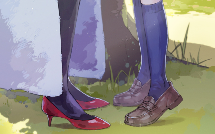 2girls, aoi_erika, black_thighhighs, blue_socks, brown_footwear, cape, feet, foot_focus