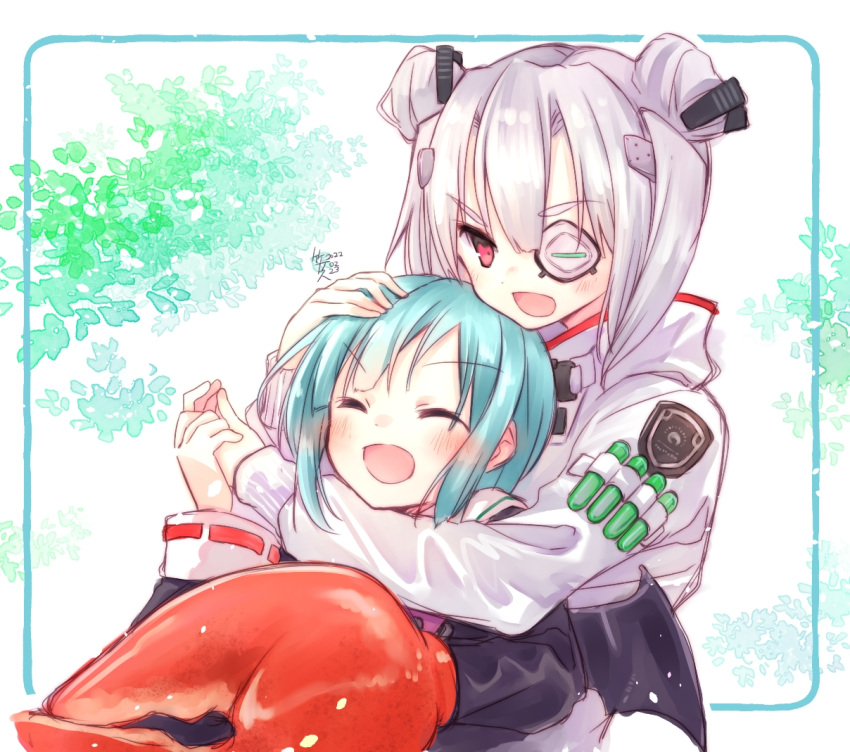 2girls, bat_wings, black_shirt, blush, bungo_yayoi, closed_eyes, crab_claw, double_bun