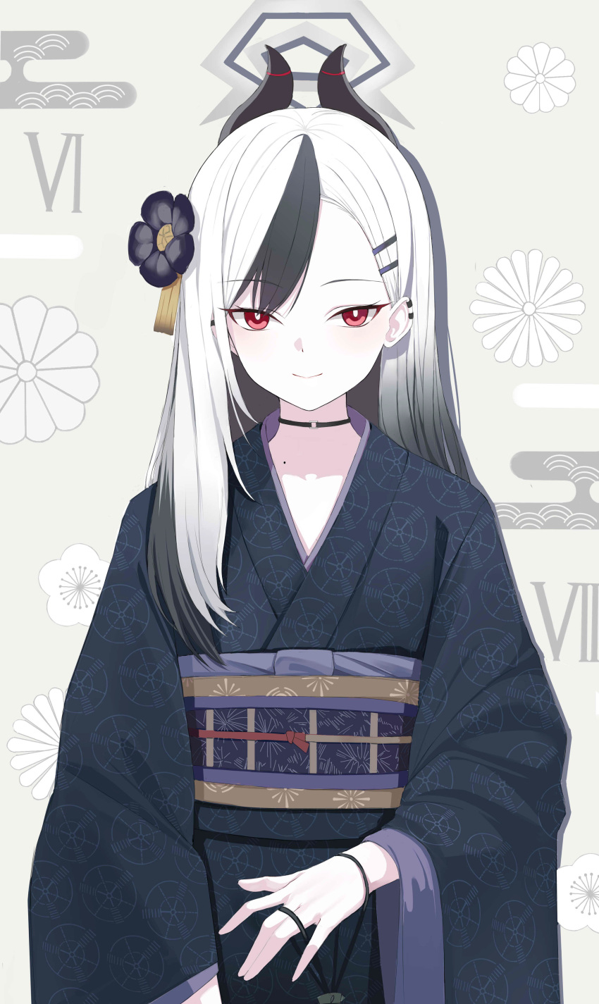 1girl, absurdres, black_hair, black_kimono, blue_archive, blush, choker, closed_mouth, eyebrows_hidden_by_hair, flower, hair_flower, hair_ornament, highres, horns, japanese_clothes, kayoko_(blue_archive), kimono, kuyoumi, long_hair, long_sleeves, looking_at_viewer, multicolored_hair, obi, red_eyes, sash, smile, solo, upper_body, white_hair, wide_sleeves