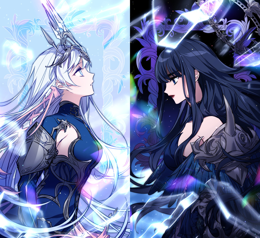 2girls, alternate_hair_color, andromeda_gh0st, bare_shoulders, black_dress, black_hair, blue_background, blue_dress, blue_eyes, breasts, commentary, dress, feathers, final_fantasy, final_fantasy_xiv, gaia_(ff14), highres, large_breasts, long_hair, multiple_girls, red_lips, ryne, tiara, upper_body, white_hair