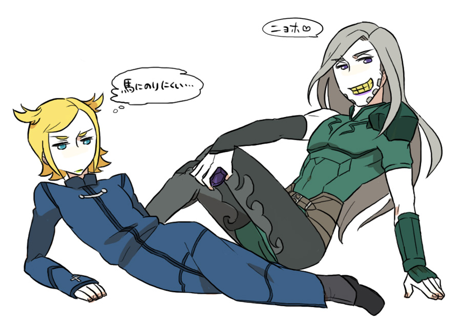 2boys, armor, ball, blonde_hair, blue_eyes, cosplay, diarmuid_ua_duibhne_(lancer)_(fate), diarmuid_ua_duibhne_(lancer)_(fate)_(cosplay), fate/zero, fate_(series), gold_teeth, green_lips, grey_hair, grin, gyro_zeppeli, holding, holding_ball, johnny_joestar, jojo_no_kimyou_na_bouken, kajikawa_(mekeko), kayneth_el-melloi_archibald, kayneth_el-melloi_archibald_(cosplay), long_hair, lying, multiple_boys, on_side, pauldrons, purple_lips, robe, short_twintails, shoulder_armor, single_pauldron, sitting, smile, steel_ball_run, twintails, violet_eyes