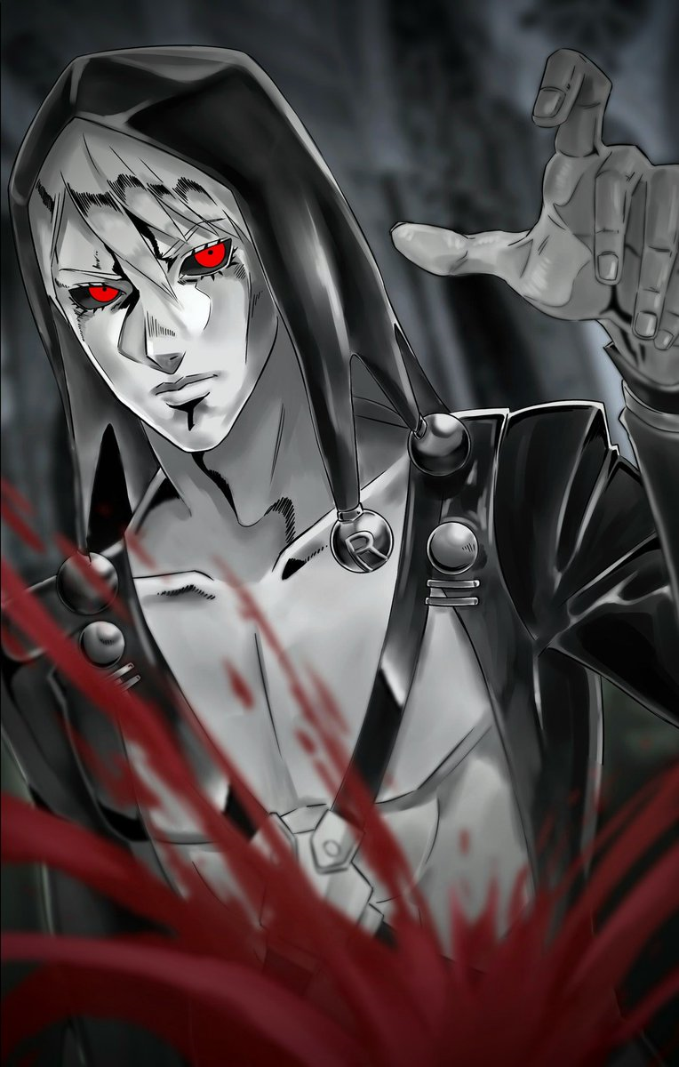 1boy, black_sclera, blood, blood_splatter, chest_belt, colored_sclera, hand_up, hat, hat_bobbles, highres, hrmsknk, jojo_no_kimyou_na_bouken, male_focus, no_shirt, red_eyes, risotto_nero, solo, spot_color, vento_aureo